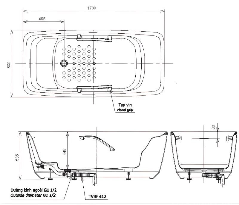 Bồn tắm đặt sàn tay vịn TOTO PJY1724WHPWEN 2 Bồn tắm đặt sàn tay vịn TOTO PJY1724WHPWEN