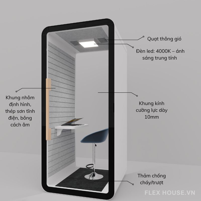 Booth cách âm làm việc cho văn phòng bản lề ẩn khung HKS 6 Booth cách âm làm việc cho văn phòng khung cửa ẩn HKS