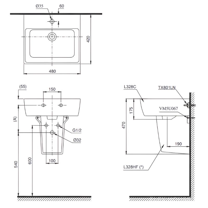 Chậu Lavabo treo tường men sứ TOTO LT328C 2 Chậu Lavabo treo tường men sứ TOTO LT328C