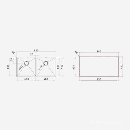 Chậu rửa bát 2 hố inox Tetragon 2B 100092001