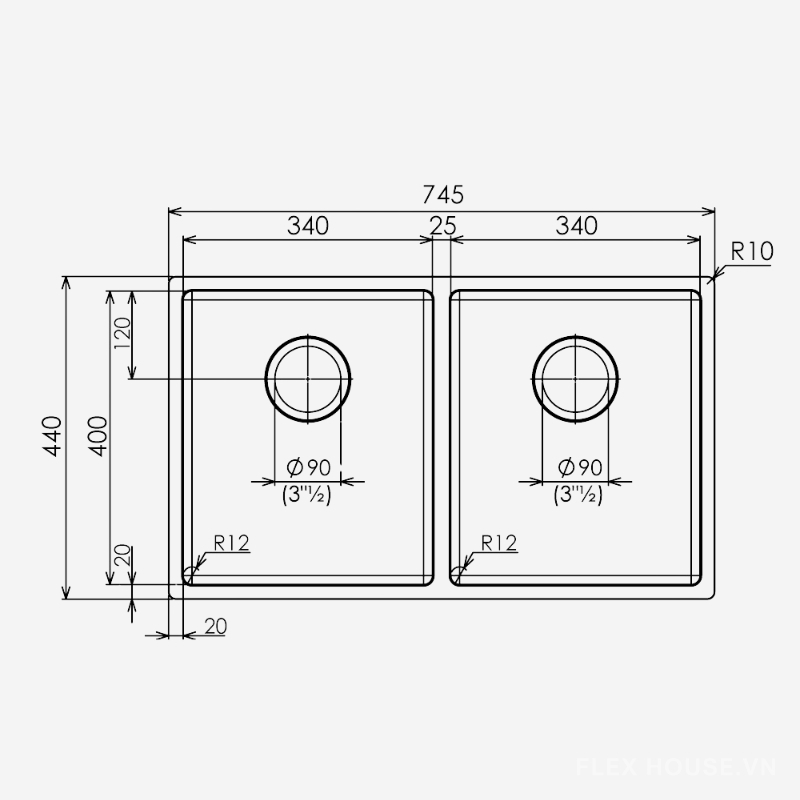 Chậu rửa bát 2 hố lắp âm MAKI ST-R-SL7420
