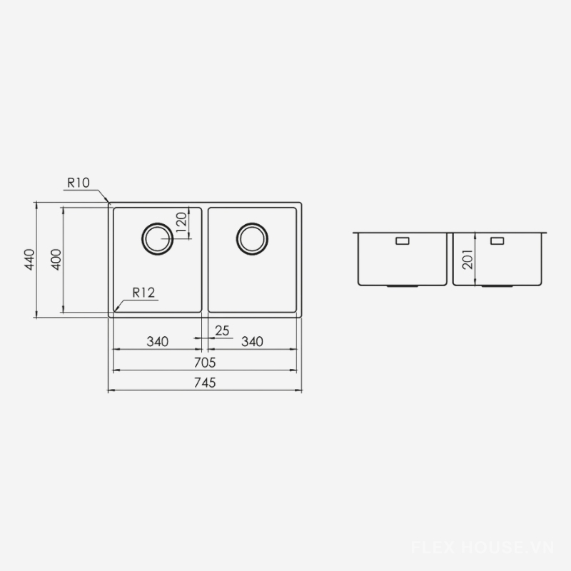 Chậu rửa bát 2 hố lắp âm MAKI ST-R-SL7420