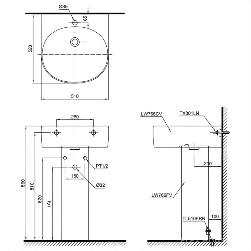 Chậu rửa mặt treo tường chân dài TOTO LPT766C Chậu rửa mặt treo tường chân dài TOTO LPT766C