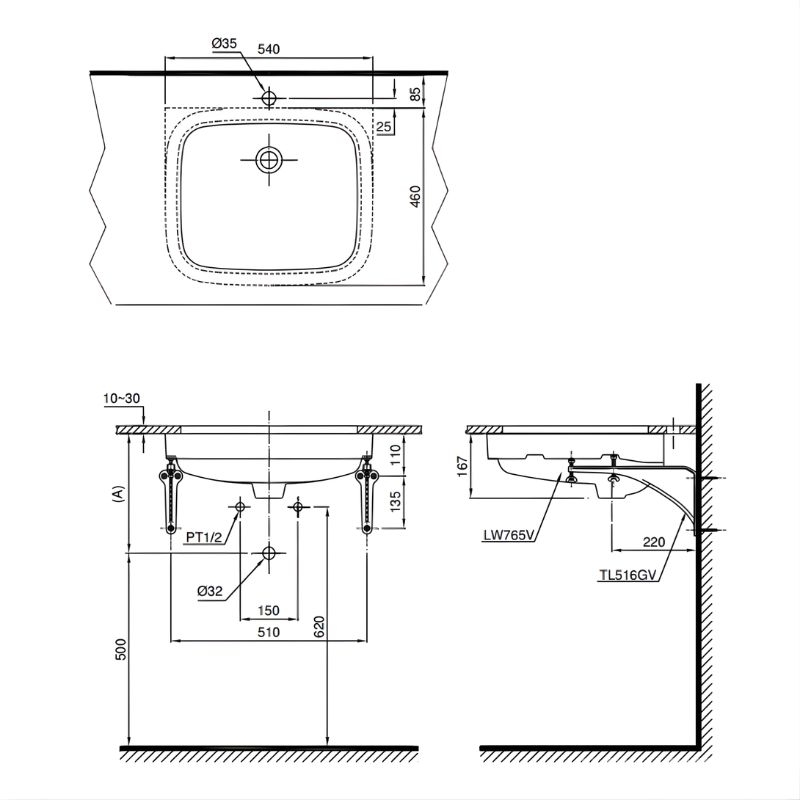 Chậu sứ lavabo âm bàn chữ nhật TOTO LT765 Chậu sứ lavabo âm bàn chữ nhật TOTO LT765