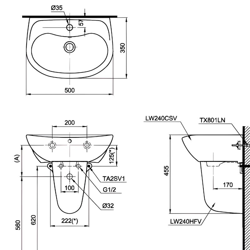 Chậu sứ rửa mặt chân lửng treo tường TOTO LHT240CS 2 Chậu sứ rửa mặt chân lửng treo tường TOTO LHT240CS