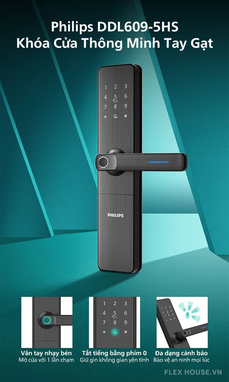 Khóa cửa điện tử tay gạt vân tay thẻ từ Philips DDL609-5HS 194
