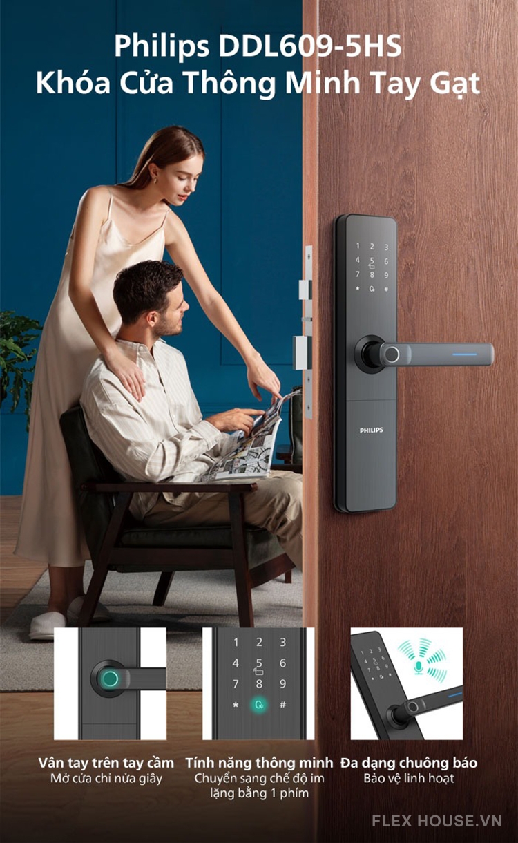 Khóa cửa điện tử tay gạt vân tay thẻ từ Philips DDL609-5HS 199