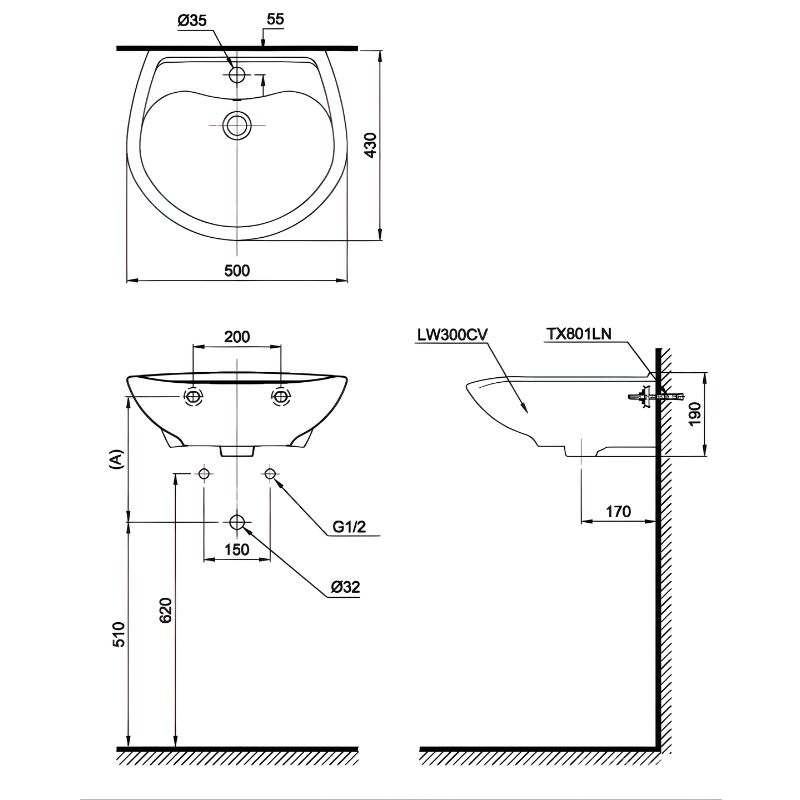 Chậu rửa mặt treo tường men sứ TOTO LT300C 2 Chậu rửa mặt treo tường men sứ TOTO LT300C