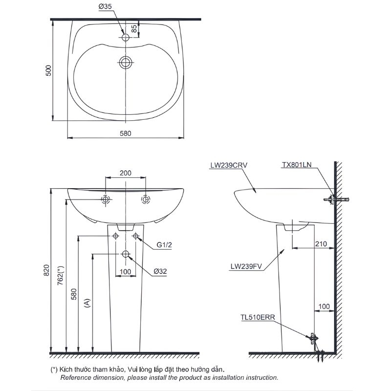 Chậu lavabo treo tường chân dài TOTO LPT239CR 2 Chậu lavabo treo tường chân dài TOTO LPT239CR