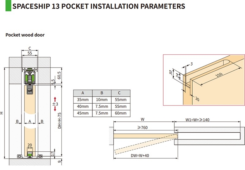 Phụ kiện ray trượt âm giảm chấn cho cửa gỗ đơn tải trọng lớn CN122362C 58