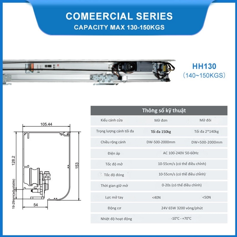Bộ phụ kiện cửa tự động công trình thương mại 150kg HH130 2 Bộ phụ kiện cửa tự động công trình thương mại 150kg HH130