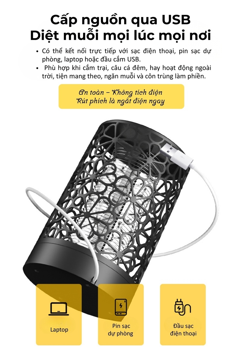 Đèn diệt muỗi ánh sáng tím an toàn cho bé USB JY1079