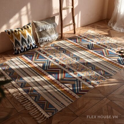 Thảm trang trí tua rua họa tiết sọc kẻ zigzag XF0891
