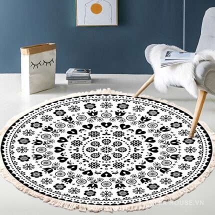 Thảm tròn Bohemian Mandala trắng đen XF8036-9