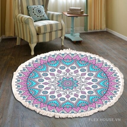 Thảm tròn Boho hồng và xanh ngọc XF8036-22