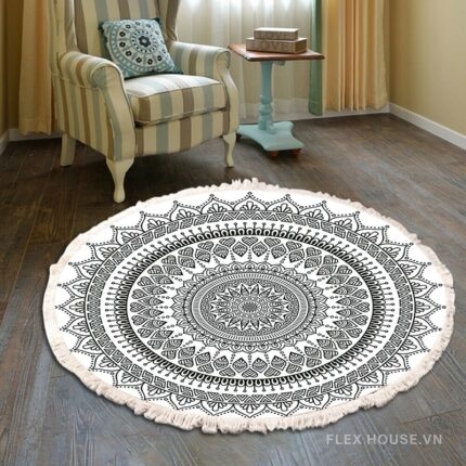 Thảm tròn Boho trắng đen tối giản XF8036-12