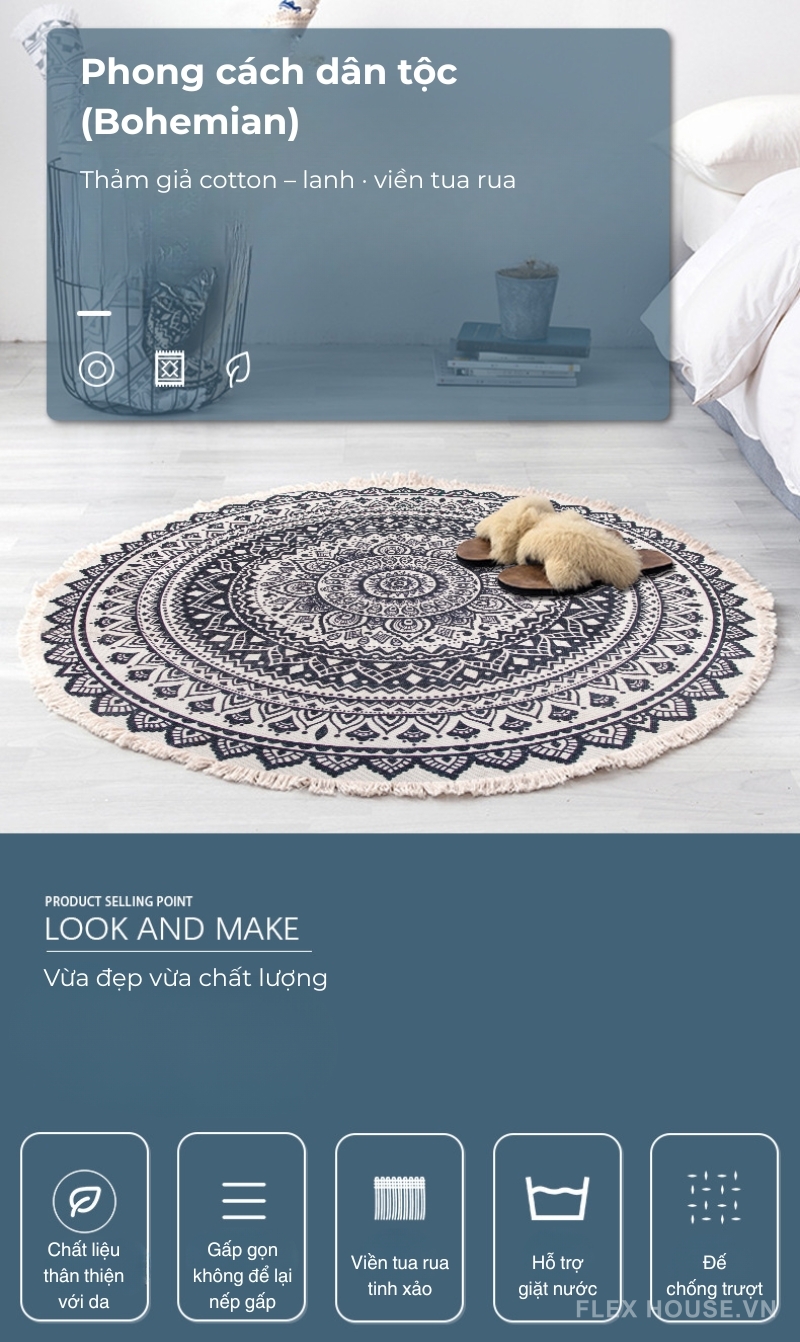 Thảm tròn Mandala xanh trắng tinh tế XF8036-6