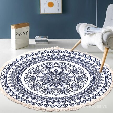 Thảm tròn Mandala xanh trắng tinh tế XF8036-6