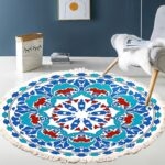 Thảm tròn polyester Mandala xanh đỏ XF8036-8