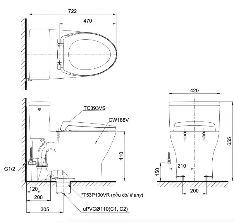 Bồn cầu một khối gạt xả nắp đóng êm TOTO MS188VKT8 1 Bồn cầu một khối gạt xả nắp đóng êm TOTO MS188VKT8