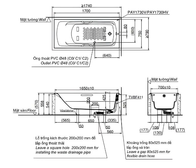 Bồn tắm nhựa không tay vịn TOTO PAY1730V.W 2 Bồn tắm nhựa không tay vịn TOTO PAY1730V.W