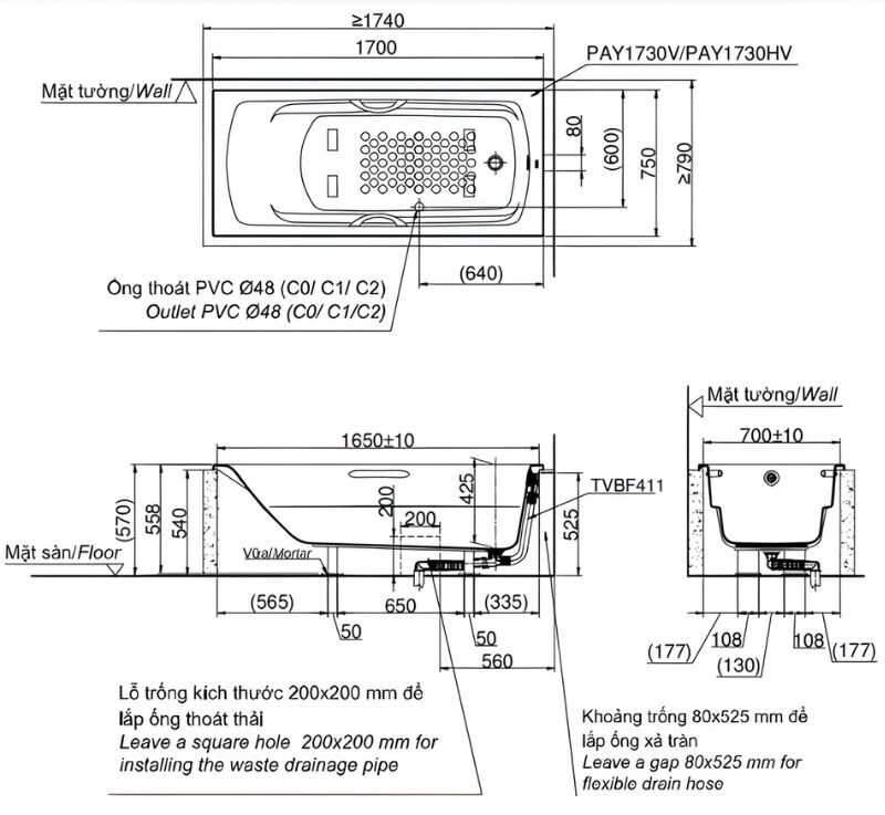 Bồn tắm nhựa có tay vịn TOTO PAY1730HV.W 2 Bồn tắm nhựa có tay vịn TOTO PAY1730HV.W