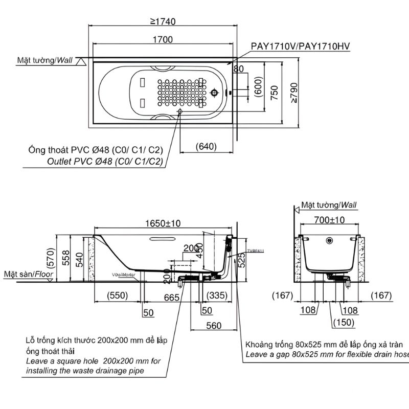 Bồn tắm nhựa đặt sàn chữ nhật TOTO PAY1710V.W