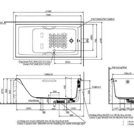 Bồn tắm nhựa đặt sàn chữ nhật có tay vịn TOTO PAY1520HV.W