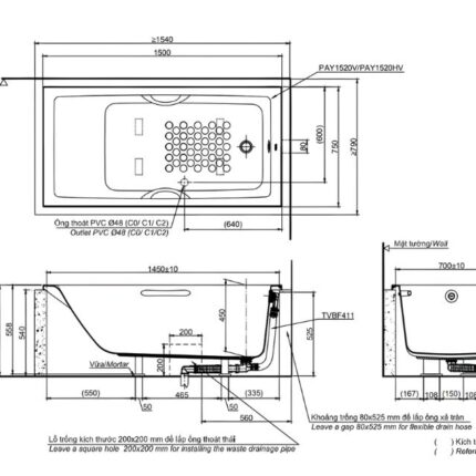 Bồn tắm nhựa đặt sàn lập thể TOTO PAY1520V