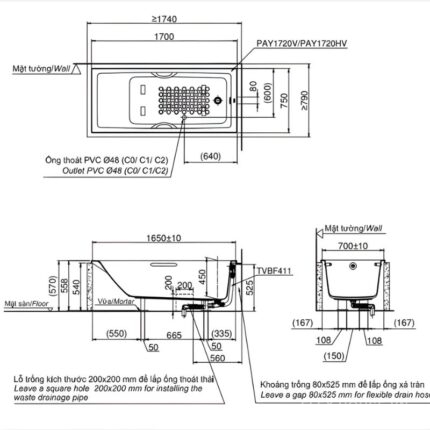 Bồn tắm nhựa lập thể có tay vịn TOTO PAY1720HV.W