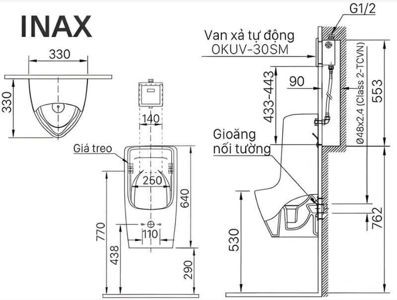 Bồn tiểu nam treo tường Inax U-431VAC 2 Bồn tiểu nam treo tường Inax U-431VAC