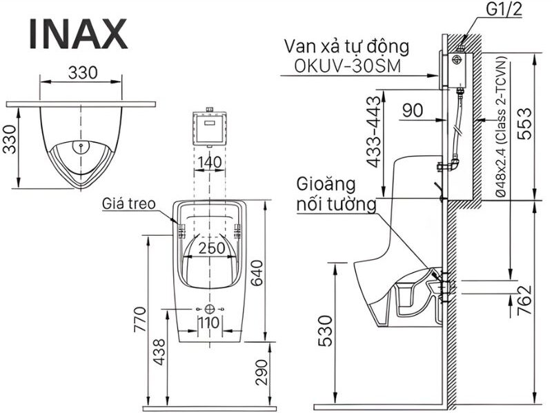 Bồn tiểu nam treo tường xả vành rim men chống bẩn Inax AU-431VAC 2 Bồn tiểu nam treo tường xả vành rim men chống bẩn Inax AU-431VAC