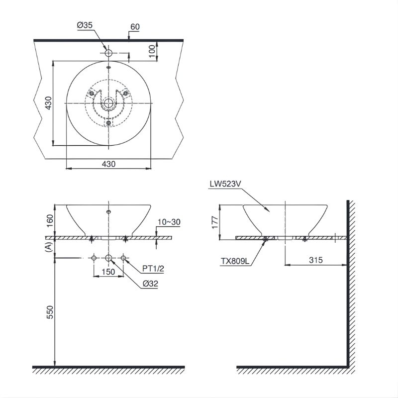 Chậu lavabo rửa mặt đặt bàn dáng tròn TOTO LT523S.XW 3 Chậu lavabo rửa mặt đặt bàn dáng tròn TOTO LT523S.XW