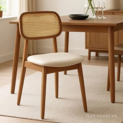 Ghế ăn gỗ đệm da lưng mây đan nhân tạo LFDG123