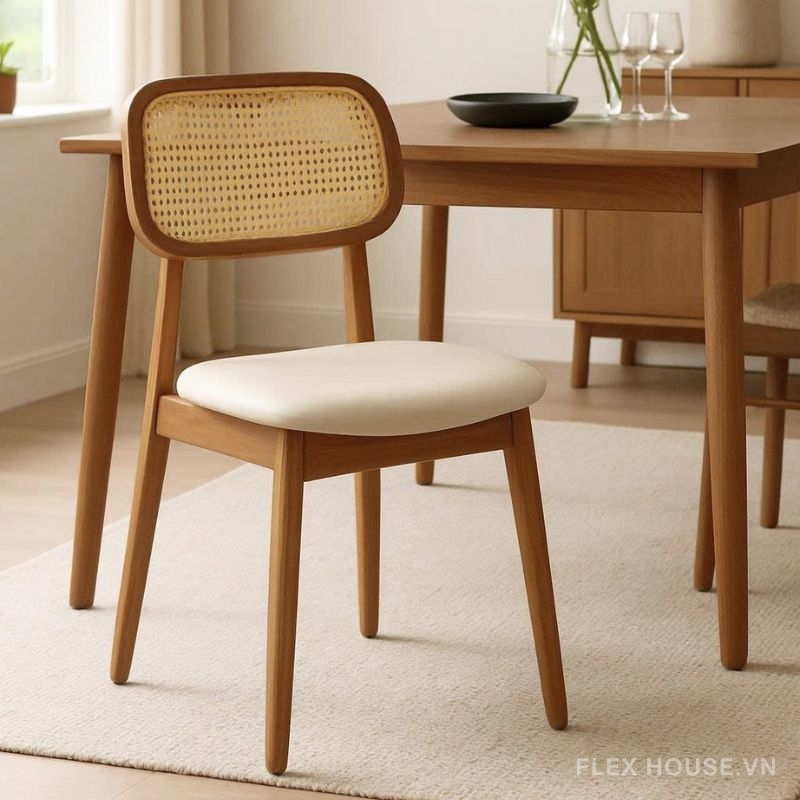 Ghế ăn gỗ đệm da lưng mây đan nhân tạo LFDG123 2 Ghế ăn gỗ đệm da lưng mây đan nhân tạo LFDG123