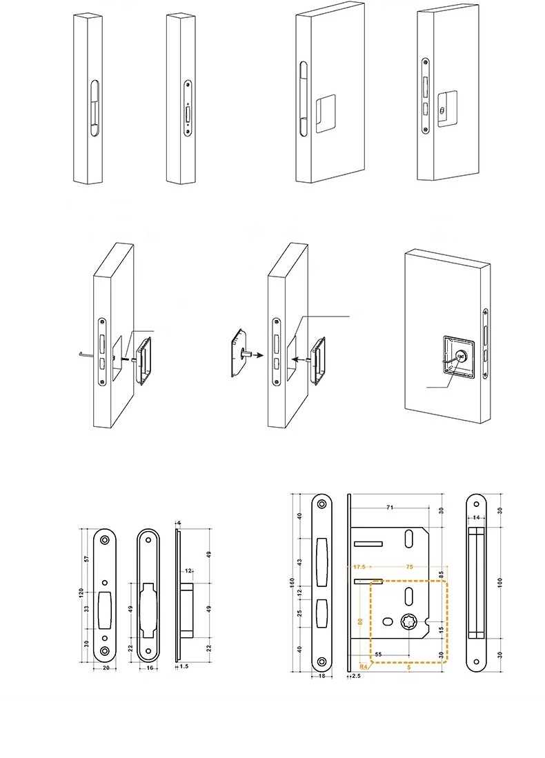 Khóa âm cửa trượt cửa lùa hai mặt hợp kim kẽm YJ4716 17