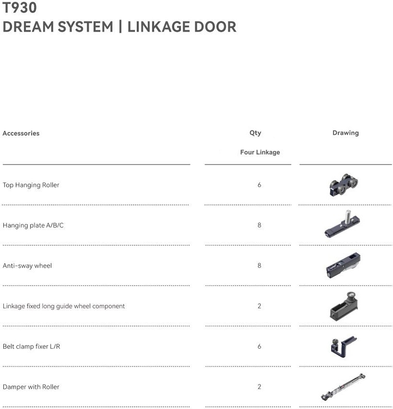 Phụ kiện cửa lùa đồng bộ 4 cánh tự do T930.4D 9