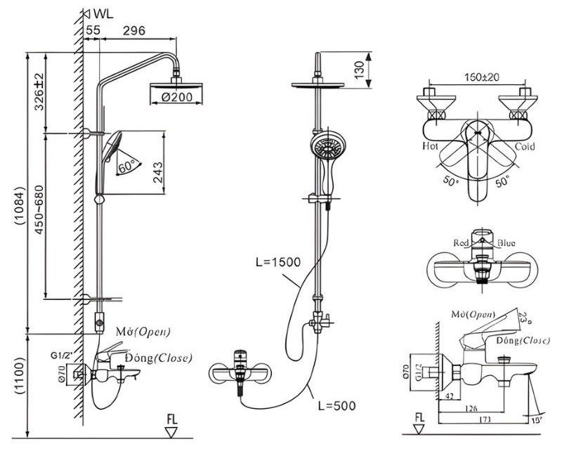 Sen tắm cây nóng lạnh 5 chế độ nước Inax BFV-1405S 3 Sen tắm cây nóng lạnh 5 chế độ nước Inax BFV-1405S