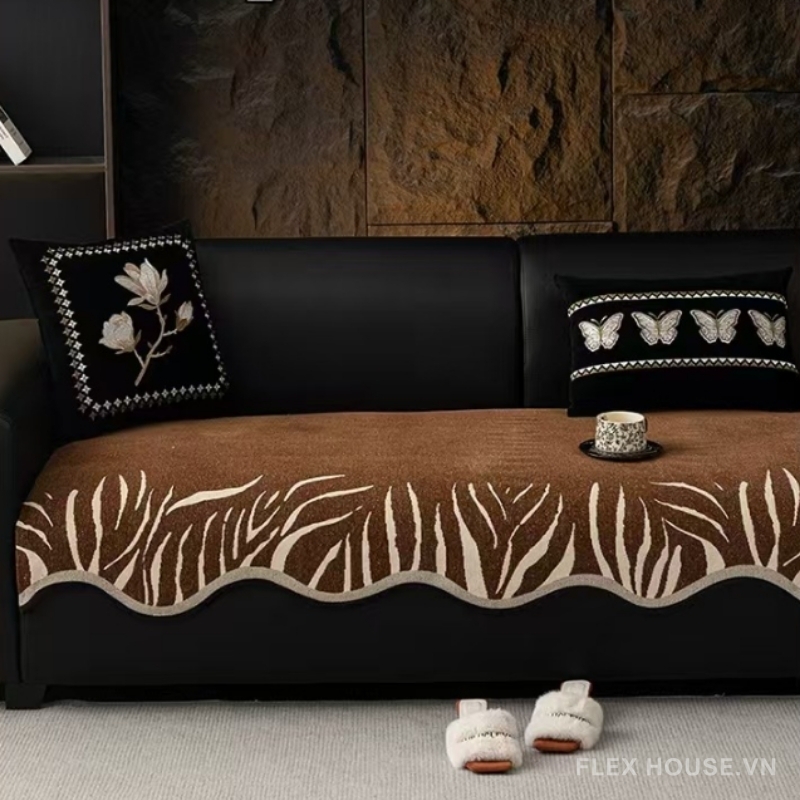 Tấm phủ ghế sofa Chenille họa tiết lá cọ PJ7604 3 Tấm phủ ghế sofa Chenille họa tiết lá cọ PJ7604