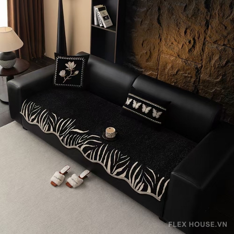 Tấm phủ ghế sofa Chenille họa tiết lá cọ PJ7604 1 Tấm phủ ghế sofa Chenille họa tiết lá cọ PJ7604