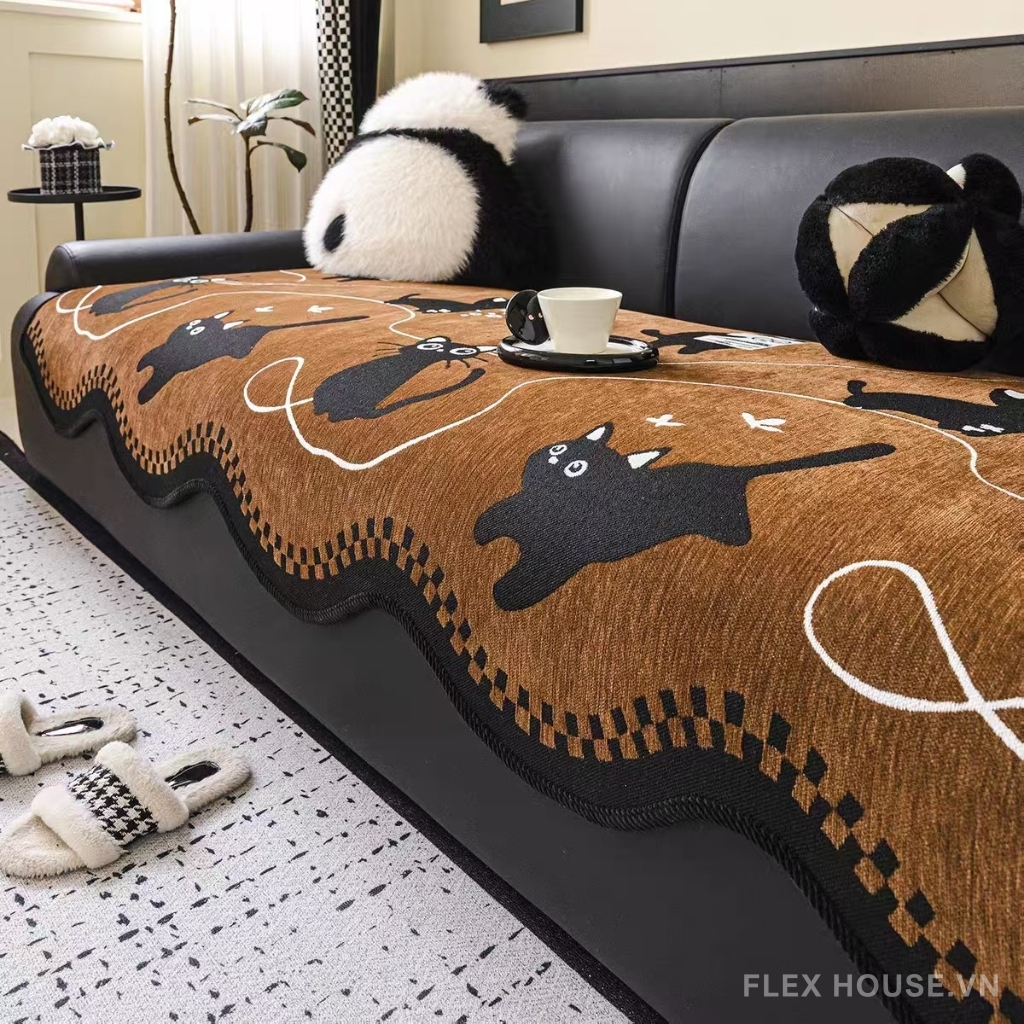 Tấm phủ ghế sofa Chenille mèo đen dễ thương PJ5333 26