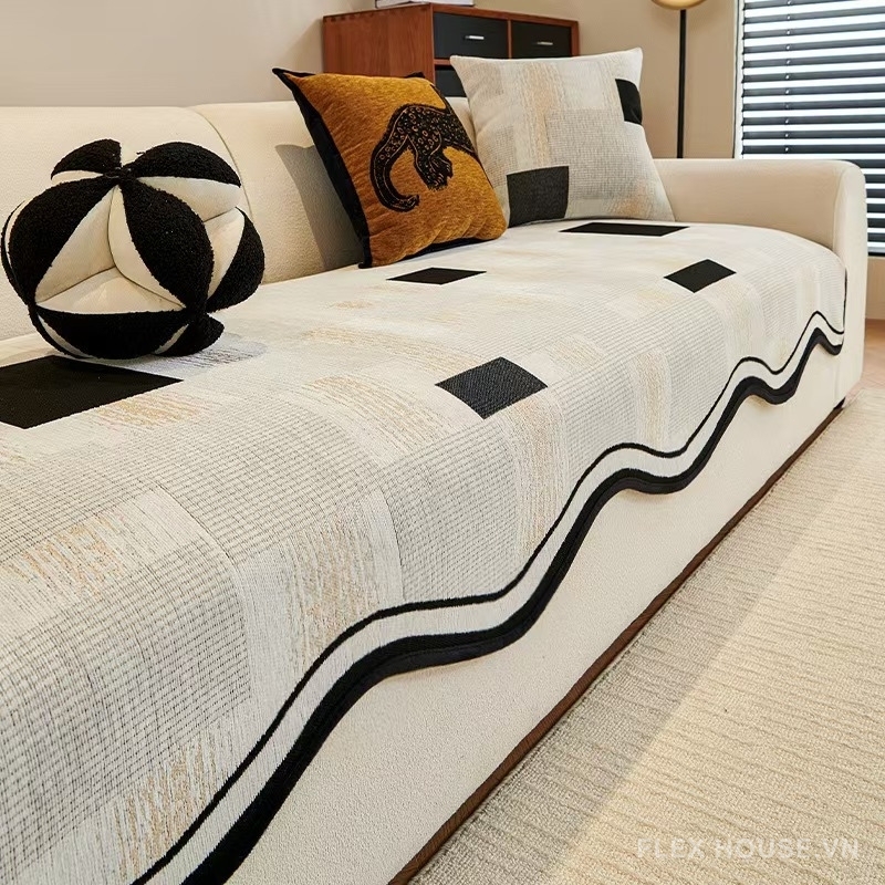 Tấm phủ ghế sofa Chenille ô vuông gợn sóng PJ4569 Tấm phủ ghế sofa Chenille ô vuông gợn sóng PJ4569