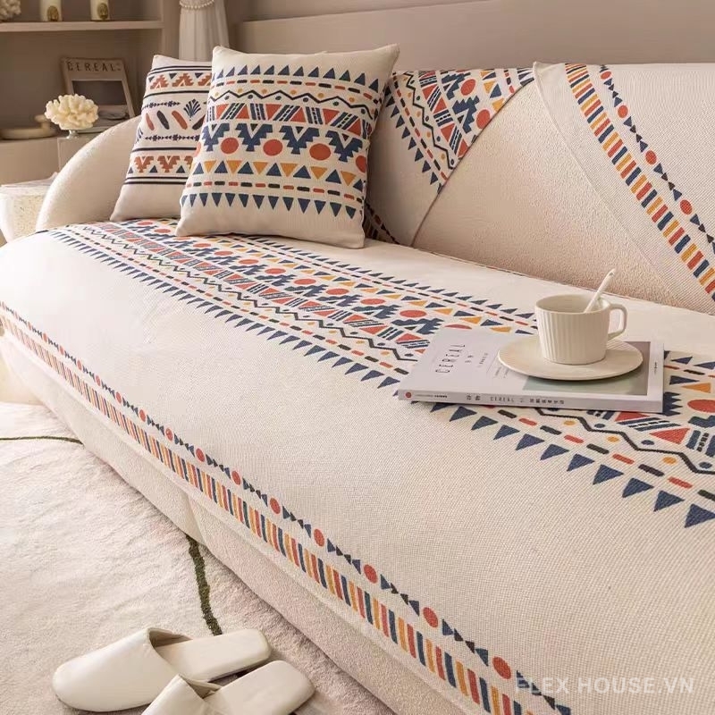 Bí Quyết Chọn Chất Liệu Tấm Phủ Ghế Sofa Bền Đẹp 2 Tấm phủ ghế sofa cotton hình học tươi sáng