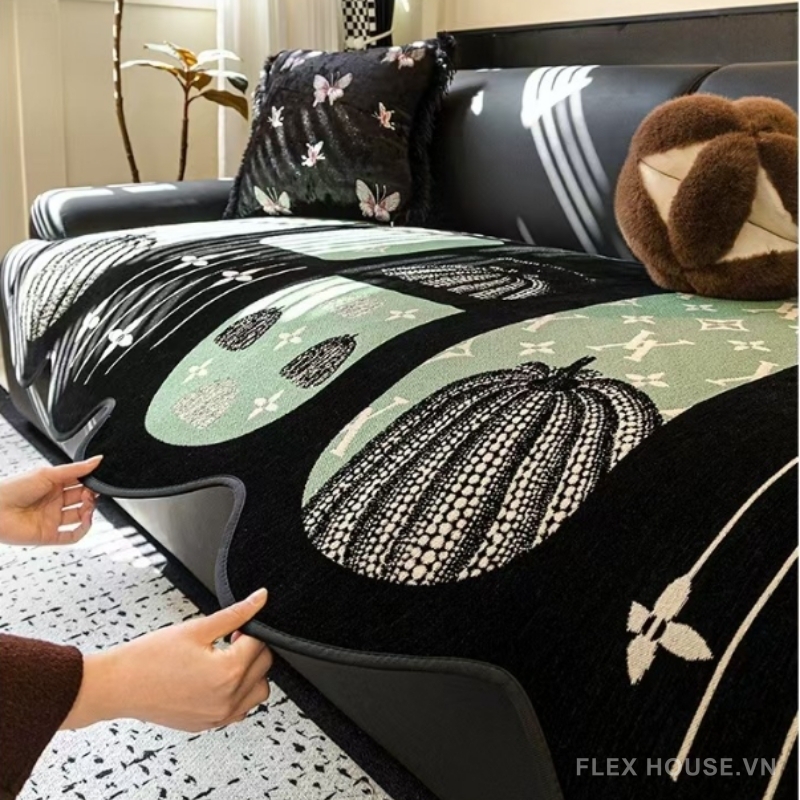 Tấm phủ ghế sofa họa tiết bí ngô nhung mềm PJ7989 