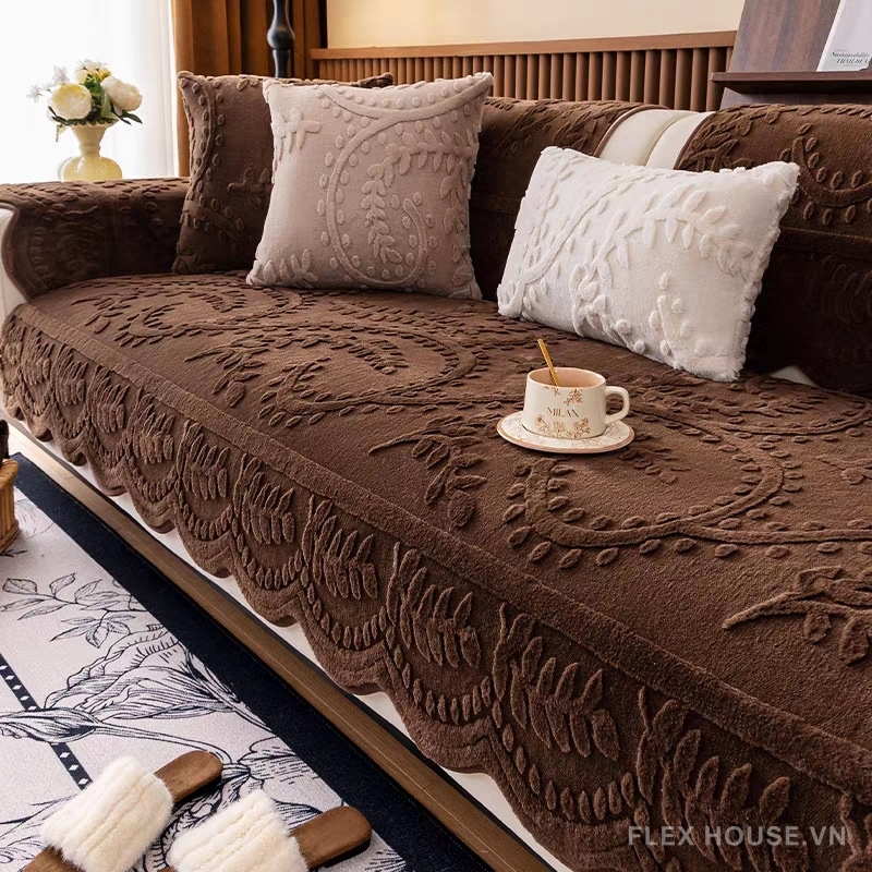 Tấm phủ ghế sofa họa tiết dây leo vải nhung PJ3660 Tấm phủ ghế sofa họa tiết dây leo vải nhung PJ3660