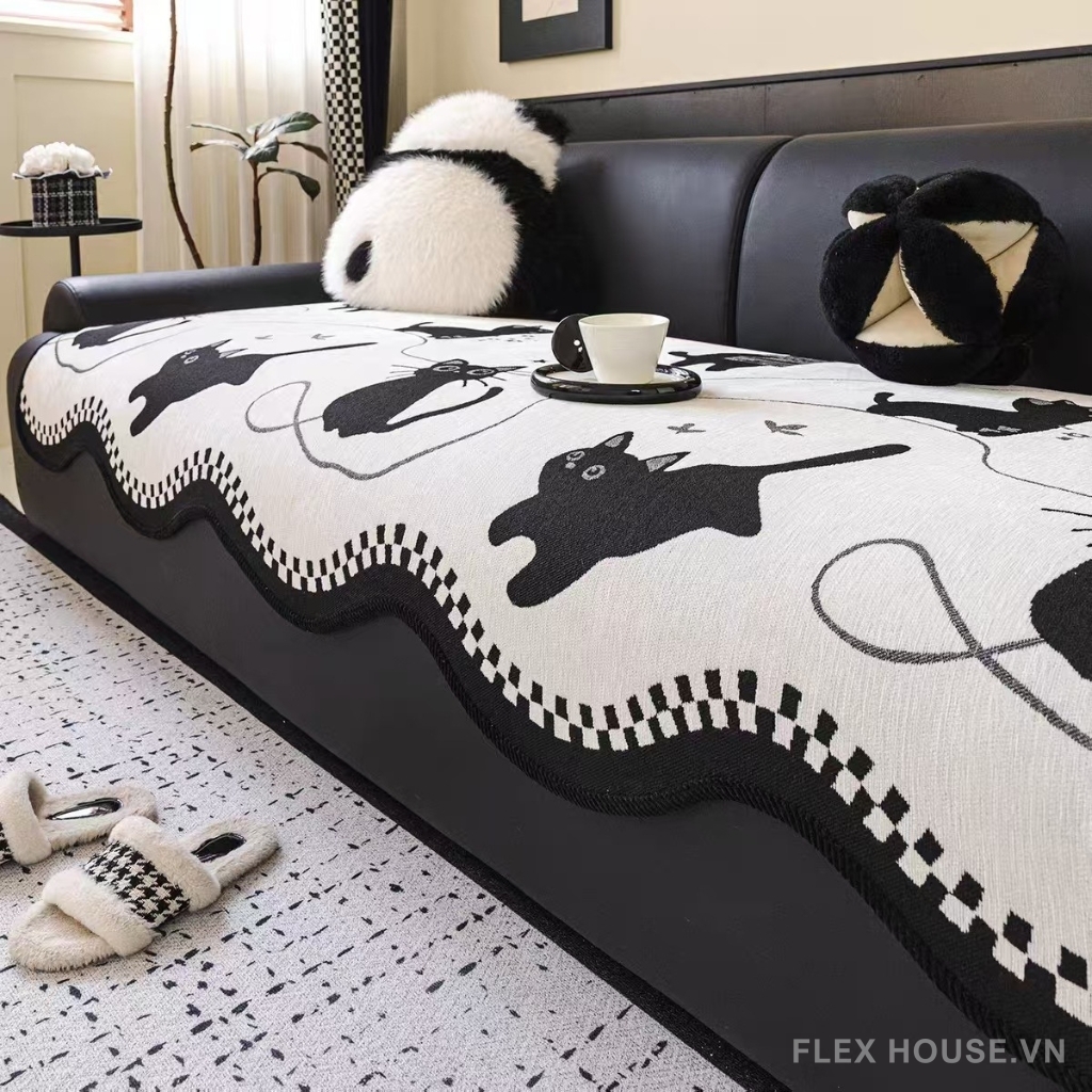 Tấm phủ ghế sofa vải Chenille mèo hoạt hình PJ5334 (1)