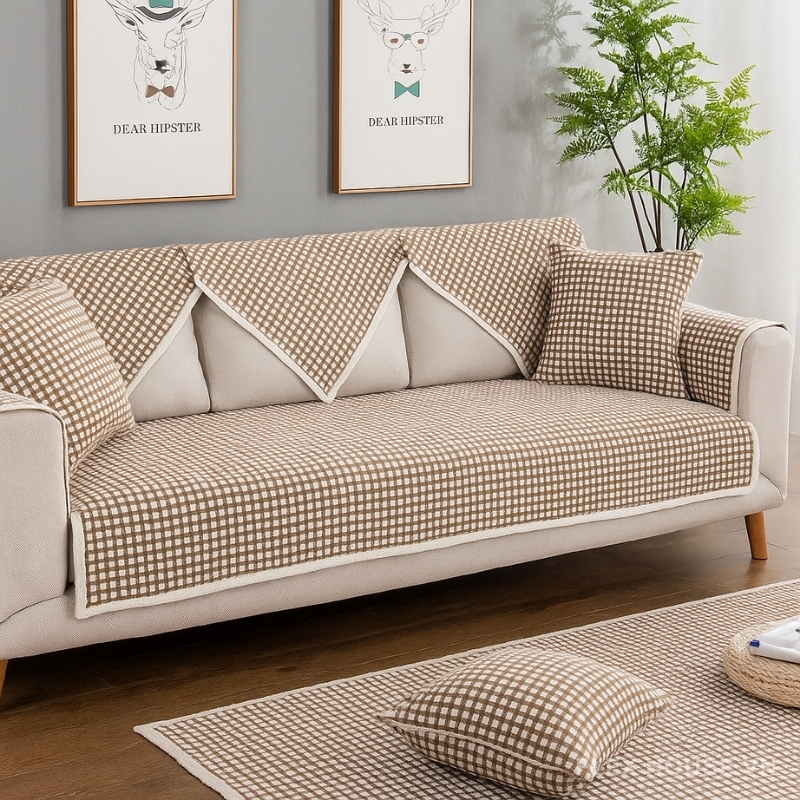 Tấm phủ ghế sofa vải cotton caro hiện đại PJ0130