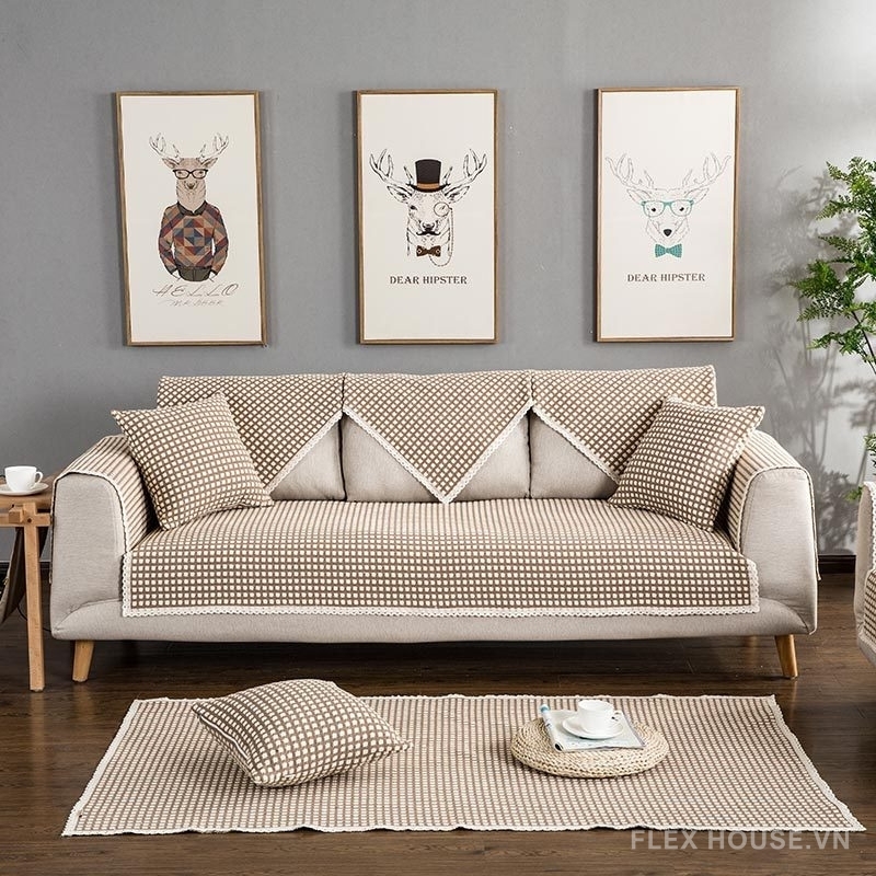 Tấm phủ ghế sofa vải cotton caro hiện đại PJ0130