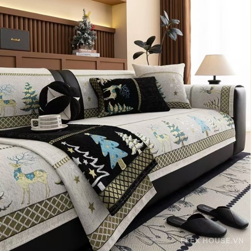 Tấm phủ sofa Chenille giáng sinh chống trượt PJ3030 4 Tấm phủ sofa Chenille giáng sinh chống trượt PJ3030 10