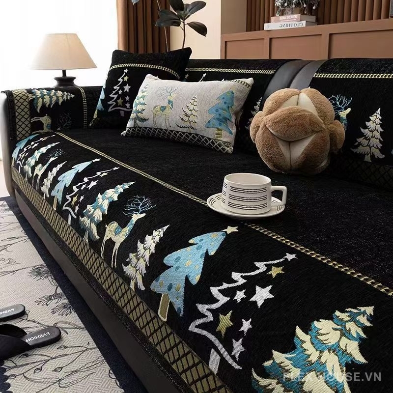 Tấm phủ sofa Chenille giáng sinh chống trượt PJ3030 1 Tấm phủ sofa Chenille giáng sinh chống trượt PJ3030